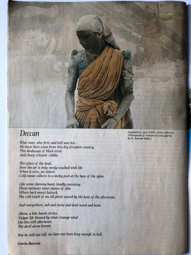 A page from The Folio, showing a dusty Indian construction worker and the poem Deccan